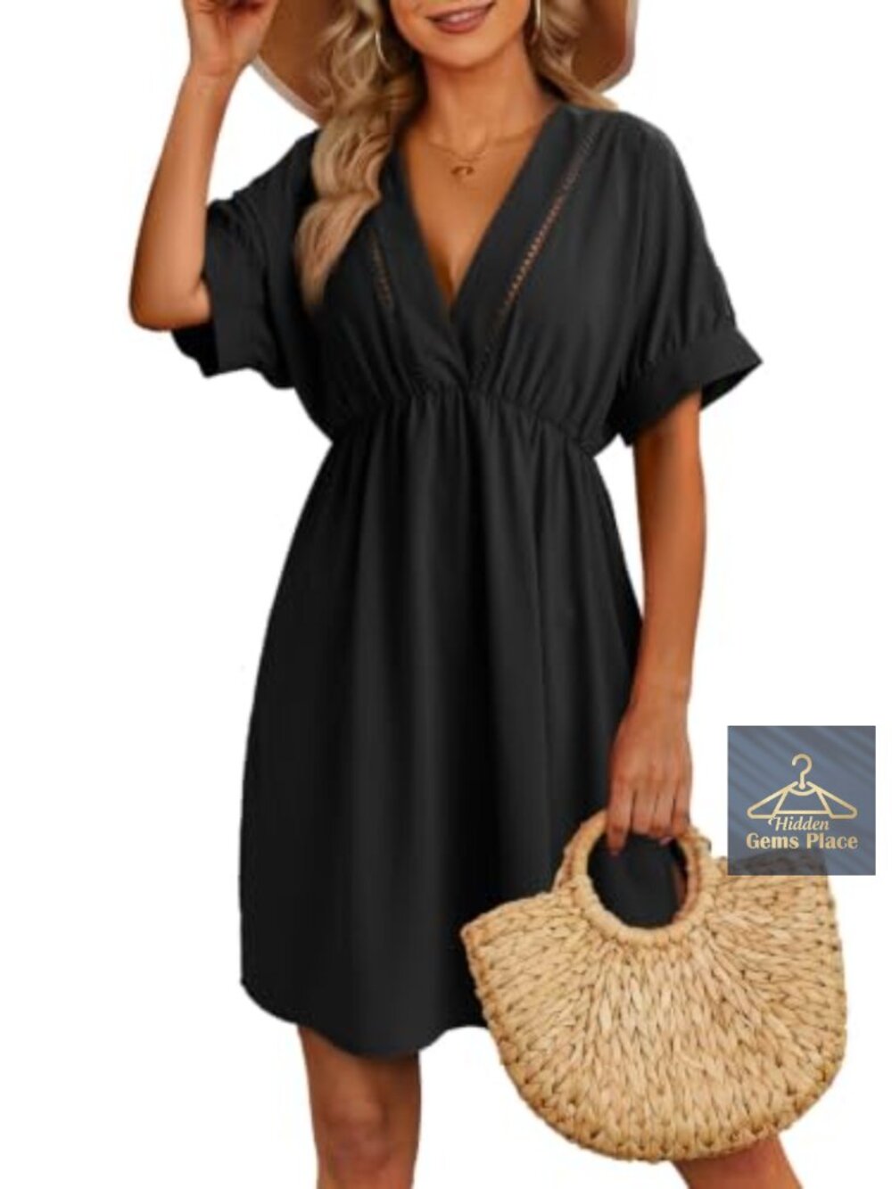 Dokotoo Women's Swim Cover-Up Hollow Out V-Neck Short Sleeve Beach Dress